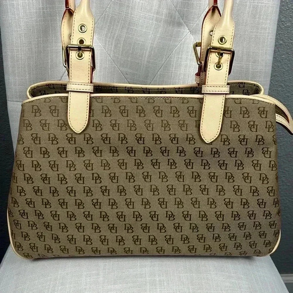 Vintage Dooney & Bourke Buckle Satchel Tote Bag Purse DB Signature Leather Trim - Picture 2 of 16